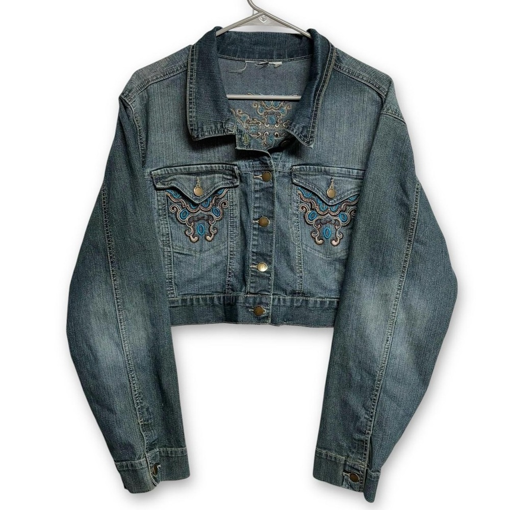 Y2k Embroidered Blue Cropped Jean Jacket